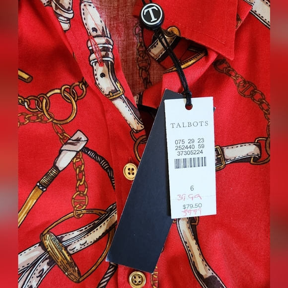 Talbots Red & Gold Equestrian Stretch Cotton Button Up Blouse Size 6 NWT - Picture 4 of 10